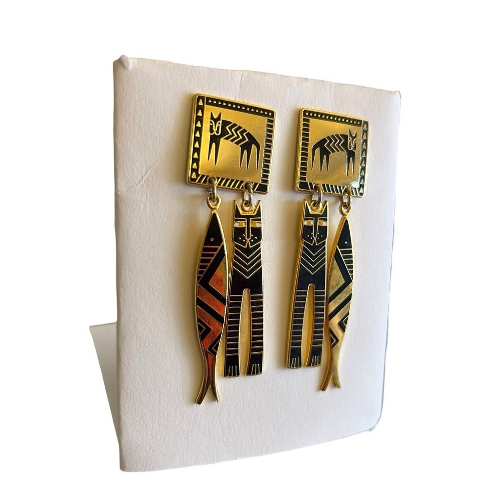 Vintage Laurel Burch Earrings CHARMS Cat and Fish Dangle Modern 1980s Gold Black